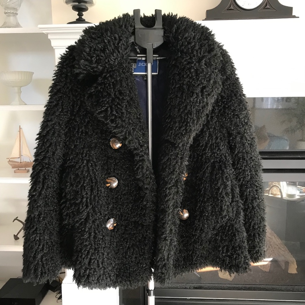 J. Crew wool faux fur pea coat black size medium